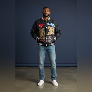 Members Only Black and Gold Graphic Bomber Jacket